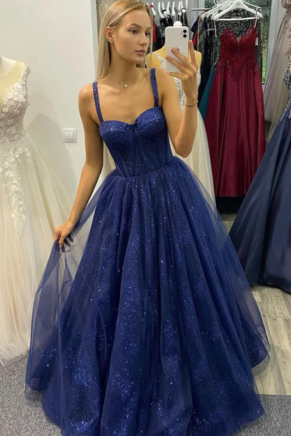 Blue corset sparkly long prom dress evening dress gh2225