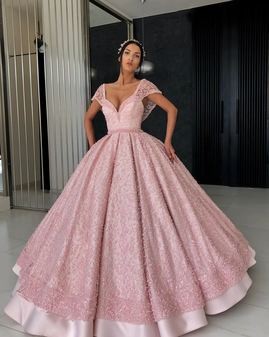 Wunderschönes rosa Ballkleid mit V-Ausschnitt und bodenlanger Organza-Perlen-Häkelblumen-Abendkleid gh2221