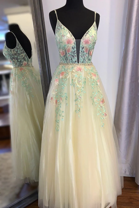Gorgeous Straps A-Line Floral Embroidered Long Prom Dress  gh2456