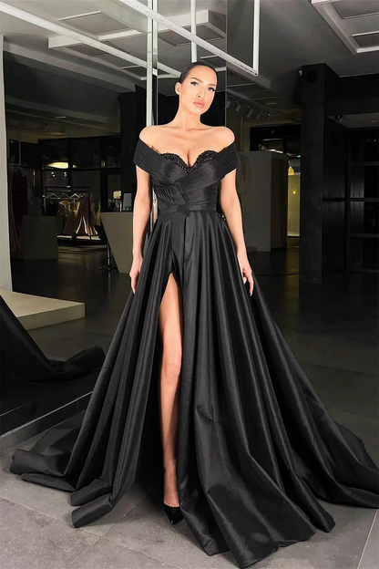 Black Off-the-Shoulder Prom Dress Split Long With Beads gh2538