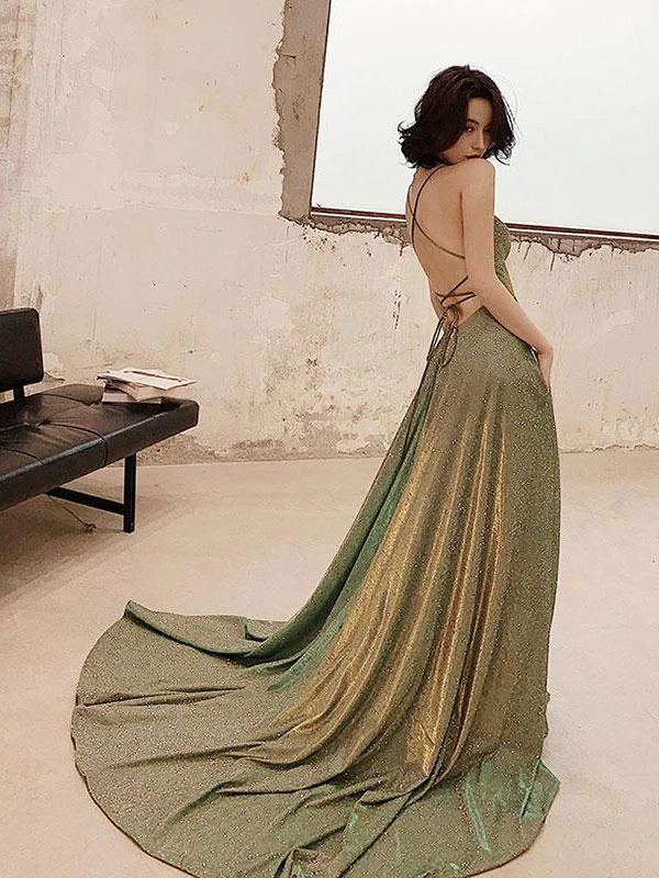 Unique backless long prom dress, green evening dressgh2573