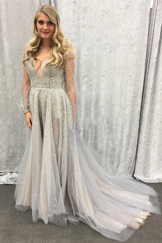 Newly A Line Gray Tulle Long Sleeves See Through Sweetheart Beaded Prom gh2493