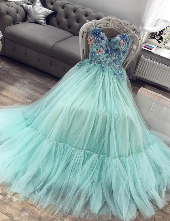 Green tulle lace long prom dress evening dress  gh2210