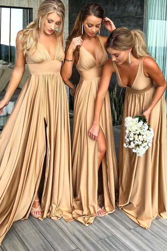 Gold V Neck Long Bridesmaid Dress with Slit  gh2080