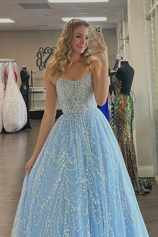 A-line blue long prom dress with spaghetti straps  gh2209
