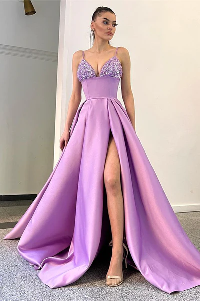 LILAC SPAGHETTI-STRAPS SLEEVELESS PROM DRESS SPLIT LONG WITH SEQUINS  gh2034