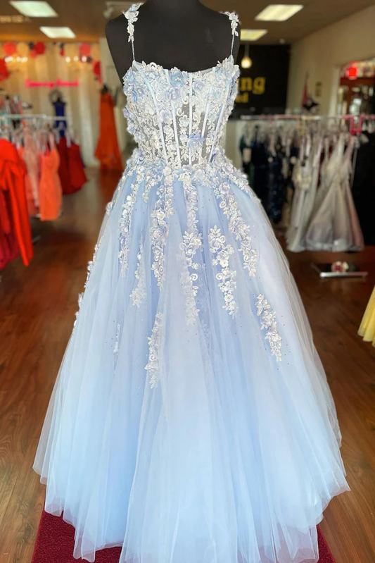 Robe de bal longue en tulle bleu avec appliques en dentelle et cœur gh2313