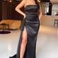 Black off-the-shoulder high slit long mermaid low back pleated prom dress gh2357