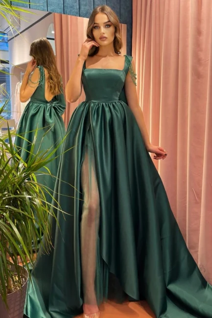 Modest Green A-Linie Square Neckline Straps Ballkleider mit Slit gh2374