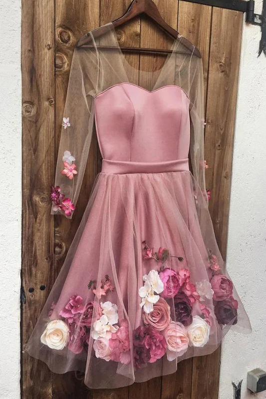 Pink V-Neck 3D Applique Short Prom Dress Long Sleeves Homecoming Dress gh2273
