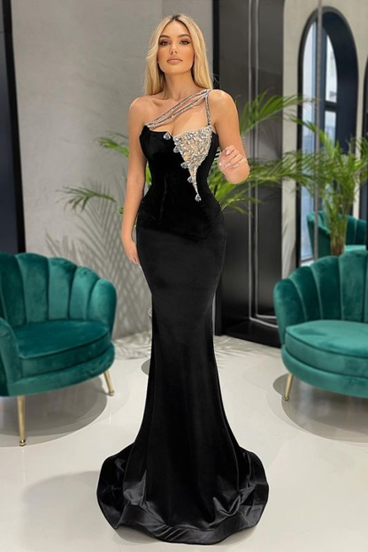 Sexy schwarzes One-Shoulder-Meerjungfrau-Abschlussballkleid mit Kristallen gh1926