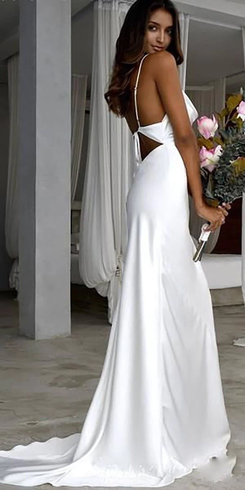 Floor-Length Satin Sleeveless Wedding Dress  gh2173