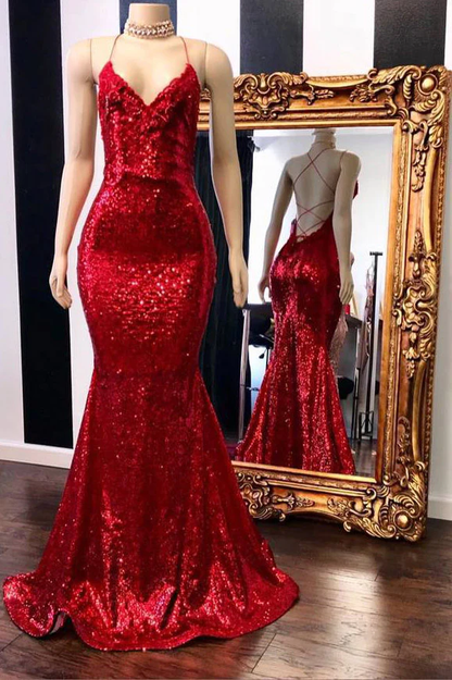 Spaghetti-Trägern Pailletten Meerjungfrau langes rotes Abendkleid gh2455