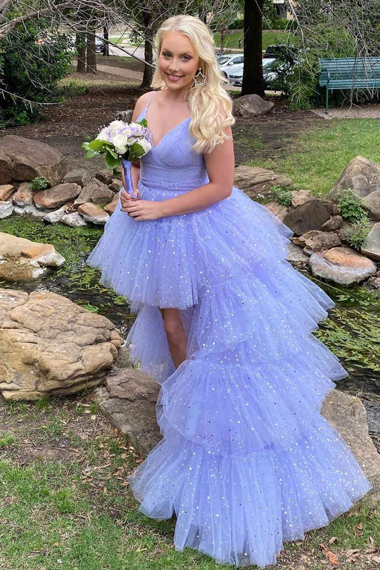 Glitter Hi-Low Lavender Tiered Tulle Prom Dress gh2249