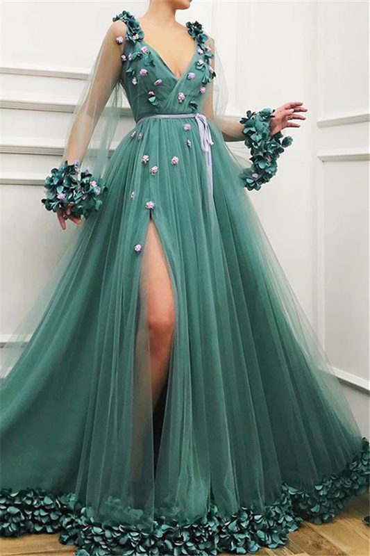 neues Ballkleid, Ballkleid mit V-Ausschnitt und langen Ärmeln gh2117