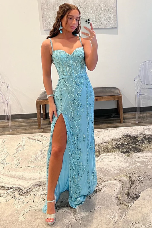 Aqua Blue Mermaid Spaghetti Straps Sequin-Embroidered Long Prom Gown with Slit gh2618