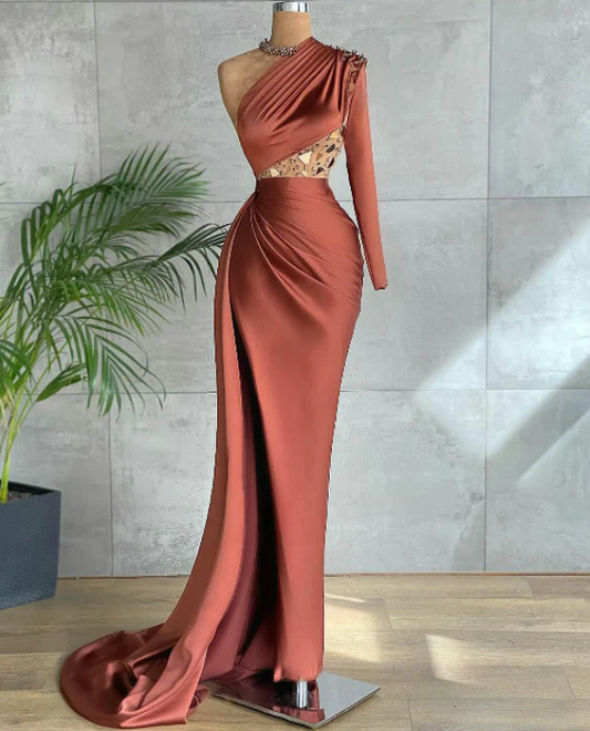 Brown Mermaid Beaded One Shoulder Evening Dresses High Side Split Prom Dress  gh2011