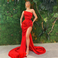 Charming Mermaid Ruffled Slit Red Satin Long Prom Dresses,Chic Evening Dresses gh2007
