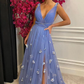 A-Linie mit V-Ausschnitt, florale blaue lange Ballkleider mit Schlitz, blaue formelle Abschluss-Abendkleider mit 3D-Blumen gh2271
