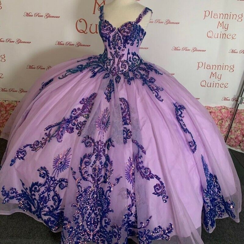 Lavendel Luxus Pailletten Perlen Quinceanera Kleider Schatz Rüschen süß 16 gh2021