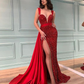 Red ball gown spaghetti strap sequins deep V neck bandage slit tail long evening dress gh1996  gh1996