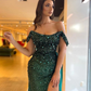 Stunning Dark Green Off-the-Shoulder Sequins Prom Dress Split Long  gh2320