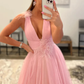 V Neck and V Back Pink Tulle Long Prom Dresses, V Neck Pink Formal Graduation Evening Dresses  gh2518