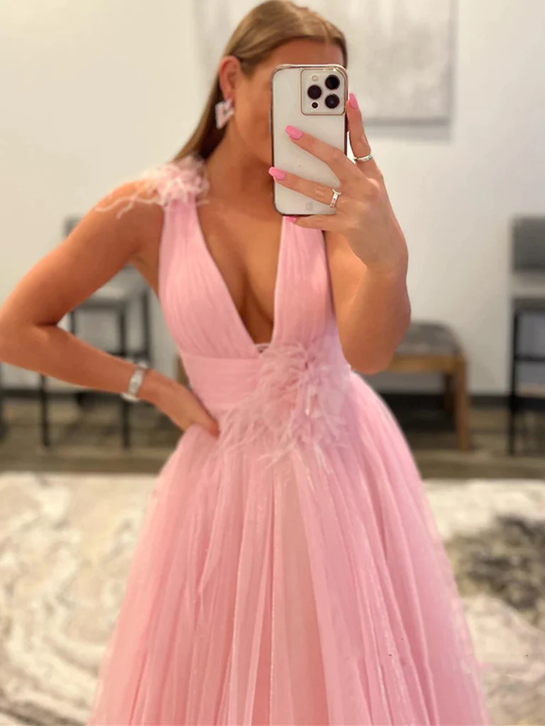 V Neck and V Back Pink Tulle Long Prom Dresses, V Neck Pink Formal Graduation Evening Dresses  gh2518