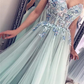 Green tulle lace long prom dress evening dress  gh2210
