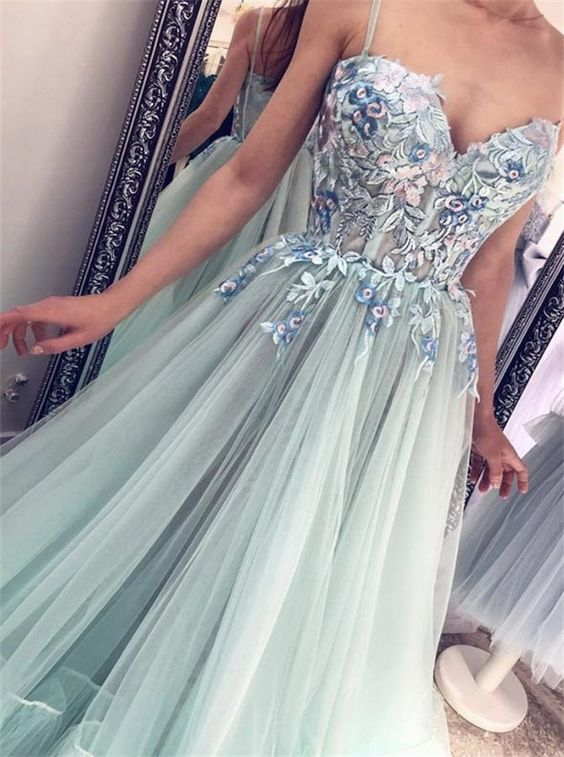Green tulle lace long prom dress evening dress  gh2210