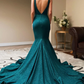 Dark Teal V-Neck Mermaid Long Prom Evening Dress with Slit  gh2159