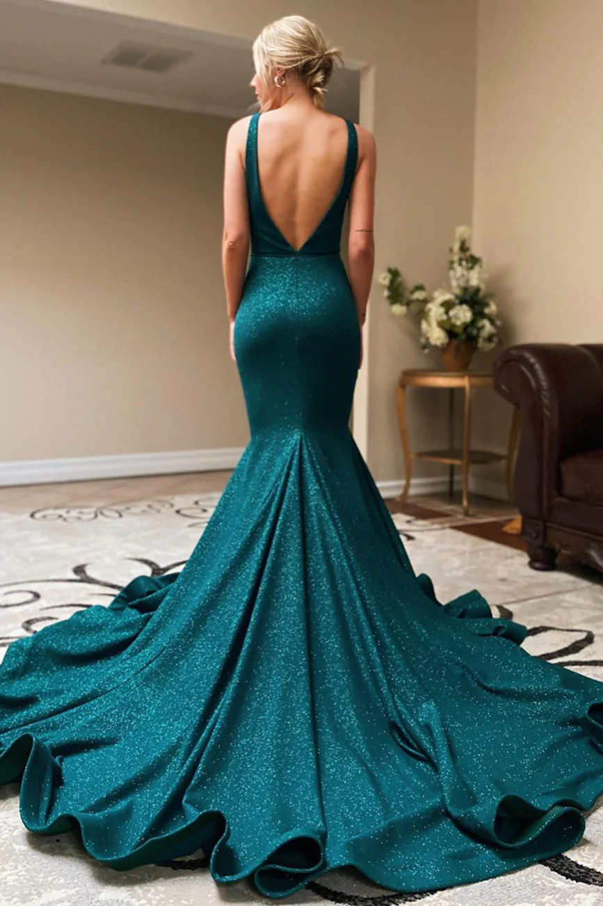 Dark Teal V-Neck Mermaid Long Prom Evening Dress with Slit  gh2159