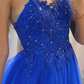 Blau A-Linie Tüll mit glitzernden Perlen aus Spitze, langes Ballkleid mit Schleppe, Partykleid, Abendkleidgh2252