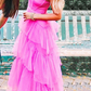 Prinzessin Hot Pink Long Prom Dress Layered Tüll Ärmelloses Korsettkleid, Abendkleider gh1970