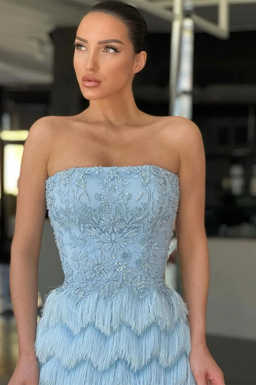 MERMAID STRAPLESS FLOOR-LENGTH CAP SLEEVE APPLIQUES LACE WITH FEATHER PROM DRESS gh2463