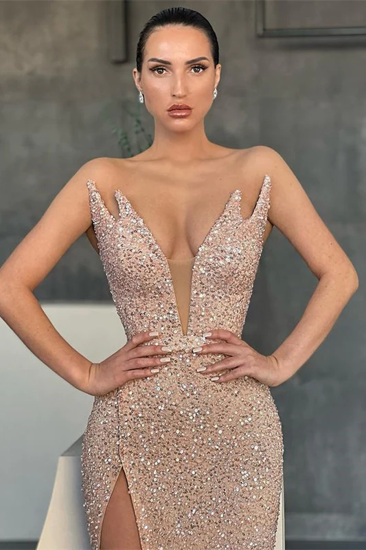 Superbe robe de bal sirène longue sans manches à col en V avec fente gh2387