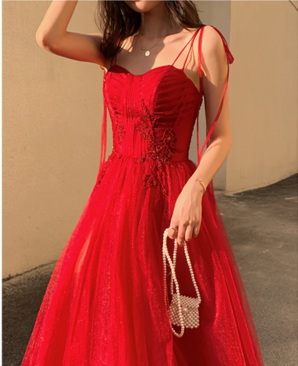 Red elegant spaghetti straps delicate floral beading long tulle formal prom dress evening gown with back corset gh2550