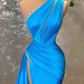 Sexy Blue One Shoulder Split Mermaid Prom Dress With Beads  gh2052