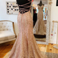Mermaid V-Neck Rose Gold Long Prom Dress with Criss Cross Back gh2408