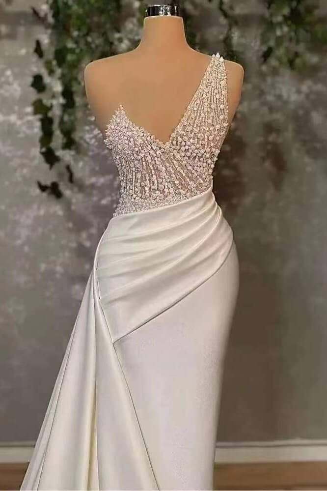 Ivory One-Shoulder Applique Elegant Prom Dress Mermaid With Ruffles gh1934