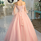 Pink delicate floral applique fairy long sleeves long tulle ball gown evening dress gh2279