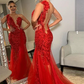 Burgundy one shoulder lace applique backless mermaid tulle ball gown gh2451