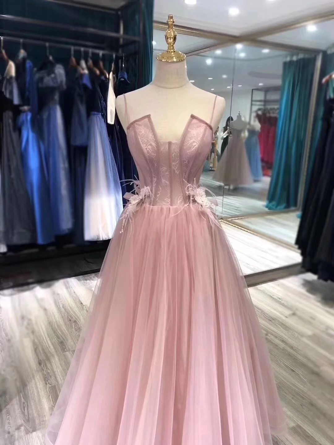 Charming Tulle Straps Long Formal Gown, Pink Elegant Party Dress gh2499