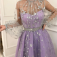 Long Sleeve Prom Dresses High Neck A-line Sparkly Star Lace Lilac Long Prom Dress  gh2108