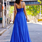Robe de soirée longue sans manches à bretelles spaghetti bleues avec fente latérale, robe de soirée simple, robe de soirée avec traîne gh2375