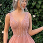 V-neck Long A-line Blush Pink Prom Dresses, Beaded Seqiun Prom Dresses,Prom Dresses gh2531