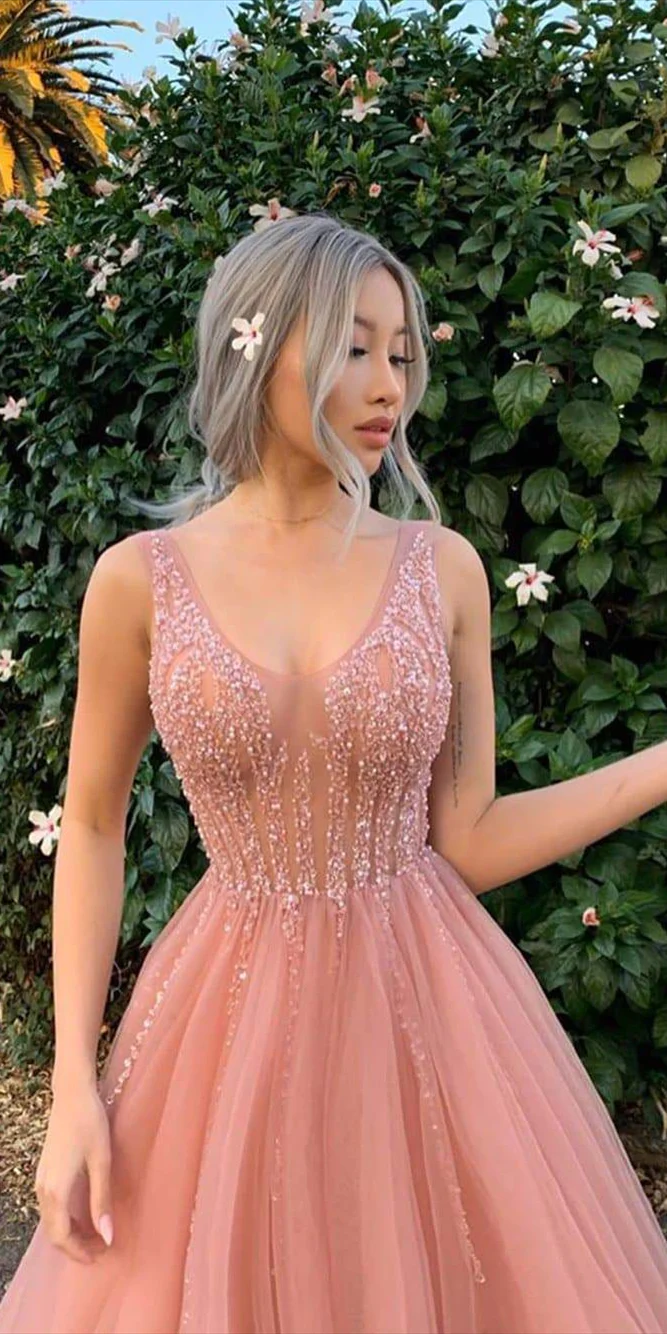 V-neck Long A-line Blush Pink Prom Dresses, Beaded Seqiun Prom Dresses, 2021 Prom Dresses gh2531