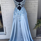 Robe de bal longue en satin bleu clair à fleurs 3D en forme de A gh2304