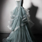 GREEN TULLE LACE LONG PROM DRESS, GREEN EVENING DRESS   gh2300