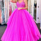 V Neck Fuchsia Lace Appliques Tulle Long Prom Dresses, Fuchsia Lace Formal Evening Dresses, Fuchsia Ball Gown gh2562